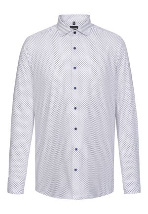 Camicia bianca a maniche lunghe con pois blu navy, colletto button-down e bottoni blu. Tessuto liscio con una vestibilità sartoriale.
