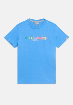 T-shirt blu a maniche corte con scollo tondo e logo colorato "HEAD" e testo "Established in 1950" stampati sul petto.
