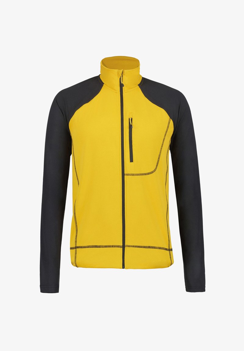 Giacca zip-up gialla e nera con colletto alto, tasca frontale con zip e tessuto testurizzato con cuciture a contrasto.