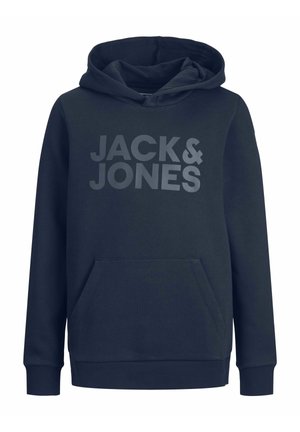 Merihenkinen huppari, jossa on etutasku, säädettävä huppu ja suuri harmaa "JACK & JONES" -logo selvästi esillä edessä.
