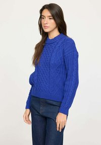 Pull en tricot bleu à col rond, avec des poignets et un ourlet côtelés, présentant divers motifs texturés et une coupe décontractée.