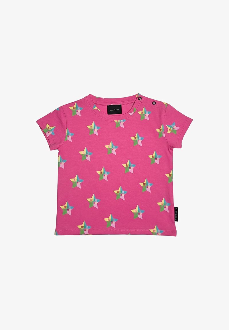 Maglietta rosa a maniche corte per bambini con motivi a stelle colorate con lettere, bottoni automatici sulla spalla e un'etichetta laterale nera.
