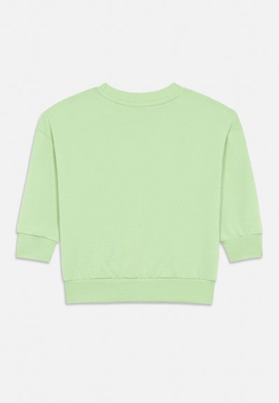 Lysegrønn genser med rund hals og lange ermer, ribbekanter på mansjetter og linning, vist flatt på en hvit bakgrunn.