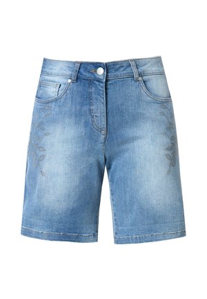 Lichtblauwe denim shorts met een lichte vervaging, voorzien van bloemenrhinestoneversieringen op de linker dij en een klassiek vijf-pocket ontwerp.