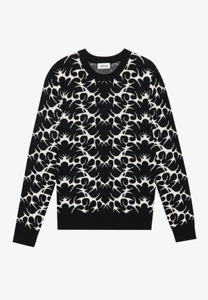 Jersey negro con un patrón abstracto blanco, cuello redondo, mangas largas, puños y dobladillo acanalados, fabricado en un material de punto suave.