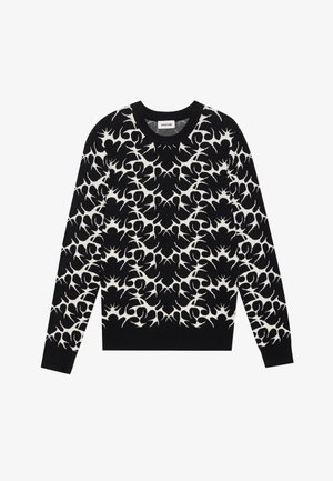 Mustra musta sviiter valge abstraktse mustriga, ümar kaelus, pikad varrukad, soonikust mansetid ja ääred, valmistatud pehmest kudumismaterjalist.