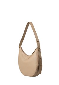 Borsa a spalla in pelle beige con forma arrotondata, cinturino regolabile sottile e texture liscia. Presenta una chiusura con zip discreta.
