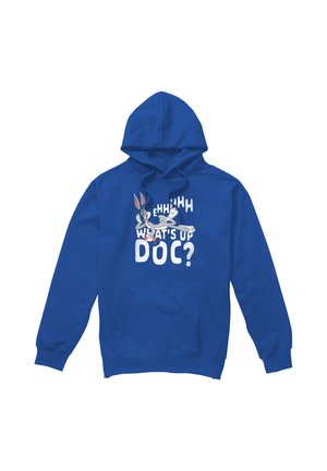 Blauer Kapuzenpullover mit Bugs Bunny Grafik und weißem Text vorn in der Mitte mit der Aufschrift „EHHHH WAS GEHT, DOC?“