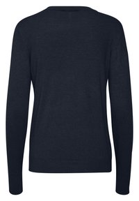 Pull tricoté bleu marine à manches longues, vu de dos, avec un col rond et des poignets et un ourlet côtelés.