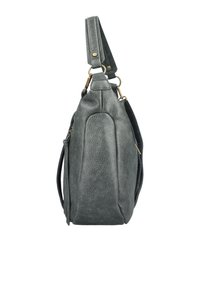 Borsa a mano in pelle testurizzata grigio scuro vista di lato, con manico superiore e hardware in metallo color oro.