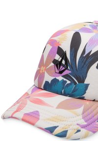 Casquette de baseball florale en crème avec des motifs vibrants de rose, bleu et violet. Elle présente un logo noir et une visière courbée, fabriquée à partir de matériaux respirants.