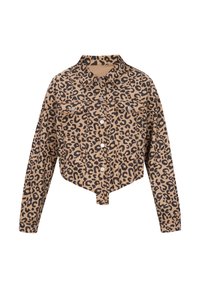 Jachetă scurtă cu imprimeu de leopard, cu guler, nasturi negri și textură de catifea. Include două buzunare pe piept pentru detaliu.