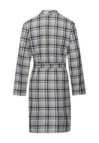 Rutig morgonrock i grått, marinblått och olivfärgat; gjord av lätt tyg. Utrustad med långa ärmar, en bälte i midjan och en klassisk krage.