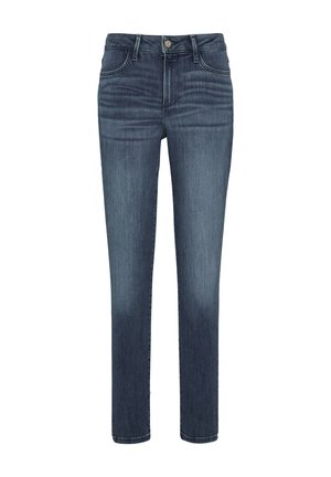 Donkerblauwe denim jeans met een slim fit, uitgerust met vijf zakken, een metalen knoopsluiting en subtiele vervaging langs de bovenbenen.
