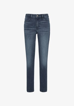Dark blue denim jeans with a slim fit, featuring five pockets, a metal button closure, and subtle fading along the thighs.