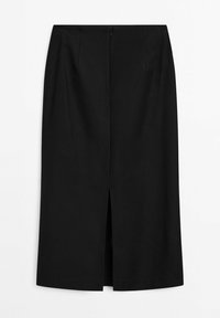 Svart knälång blyertskjol med framslits och dold dragkedja på vit bakgrund.