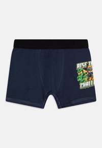 Navy Baumwollboxershorts mit einem schwarzen Bund und einem grafischen Druck von zwei Charakteren mit dem Text "Rise to the Challenge" in Grün und Gelb.