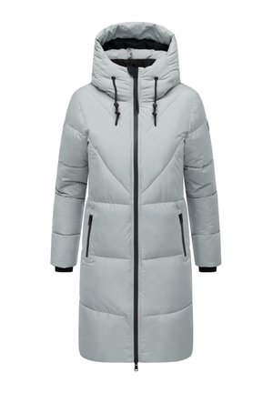 Giacca a vento grigia chiara con cappuccio, caratterizzata da dettagli neri, due tasche frontali e una chiusura frontale con zip. Progettata con un motivo a zigzag trapuntato.