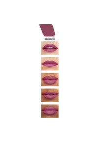 Flüssiger Lippenstift in einem Mauve-Ton, mit Farbswatches, die verschiedene Finishes auf den Lippen zeigen, darunter matt und satin. Textlabel "ERFOLGREICH" enthalten.