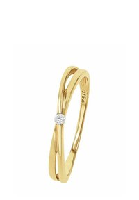 Anello in oro con un design attorcigliato, caratterizzato da un piccolo diamante rotondo come accento. Finitura liscia e texture lucida; marchiato con 375.