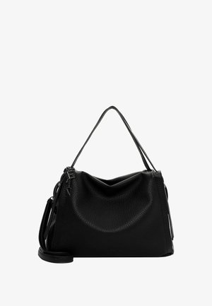 Borsa a mano in pelle nera con superficie texture. Presenta un unico manico superiore e una tracolla regolabile. Design compatto e morbido.