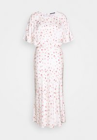 Robe midi blanche avec manches courtes bouffantes et imprimé floral abstrait rouge et rose dispersé.