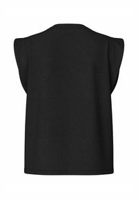 Veste noire sans manches avec épaules matelassées et ourlet droit, vue de dos sur fond blanc.