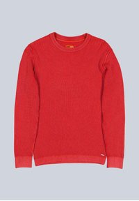 Red ribbed knit sweater with long sleeves and a round neck. Features a small label at the hem and subtle textural detail throughout.