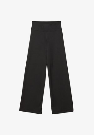 Black wide-leg pants featuring a high elastic waistband, soft fabric, and a loose fit, suitable for casual wear or relaxed settings.
