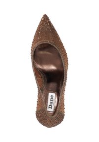 Bronze pointed-toe shoe with studded accents and a smooth interior lining. Features a slim silhouette and soft texture. Brand label visible inside.