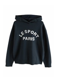 Čierna mikina s kapucňou s bielym zakriveným textom "LE SPORT PARIS" na prednej strane, s rebrovanými manžetami a spodným lemom.