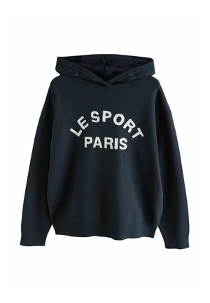 Sort hættetrøje med "LE SPORT PARIS" i hvidt, buet tekst på fronten, ribbede manschetter og kant.