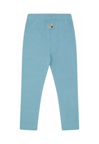 Lichtblauwe leggings van zachte katoen, met een geribbelde textuur en een klein multikleurig label aan de achterkant. Figuroverende pasvorm.