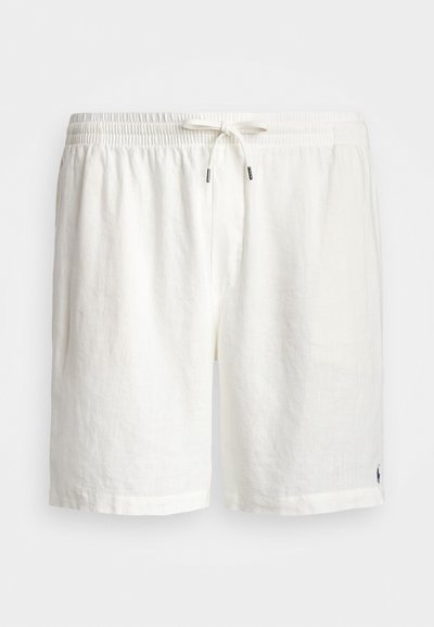 Balinės baltos šortai su elastinga juosta, reguliuojama virvele ir mažu tamsiai mėlynu logotipu dešiniajame apatiniame kampe. Lygus paviršius, kasdienis dizainas.