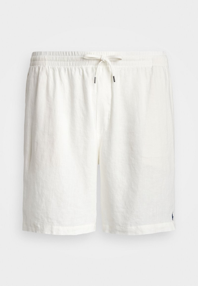 Baltas lina šorts ar elastīgu jostasvīru, regulējamu auklu un mazu tumši zilu logotipu apakšējā labajā stūrī. Gluda faktūra, ikdienišķs dizains.