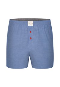 Boxer in cotone blu con finitura testurizzata, dotato di una vita grigia e tre bottoni rossi sul davanti per la chiusura.