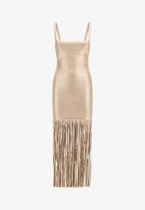 Beige metallic mouwloze midi-jurk met nauwsluitend lijfje en lange franjes die van halverwege de dij tot aan de zoom lopen.