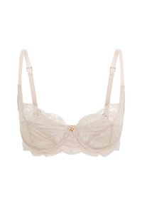 Čipkast bralet v mehko roza barvi z oporo za prsi, zapletenim cvetličnim vzorcem, nastavljivimi naramnicami in majhnim zlatim okrasom na sredini.