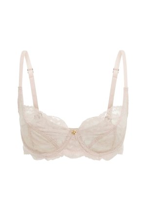 Kanten bralette in zachtroze met ondersteuning door onderdraad, ingewikkeld bloemmotief, verstelbare bandjes en een kleine gouden accent in het midden.