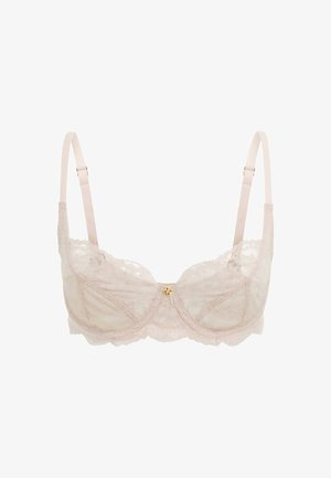 Spitze Bralette in zartem Rosa mit Unterstützung durch Bügel, filigranem Blumenmuster, verstellbaren Trägern und einem kleinen goldenen Akzent in der Mitte.