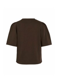 Brūna īsām piedurknēm krekliņš ar apaļu kakla izgriezumu un strukturētām plecu daļām, izgatavots no mīksta auduma ar gludu tekstūru.