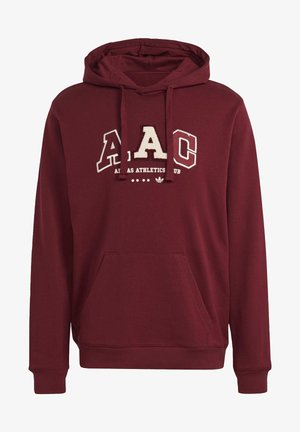 Sweat à capuche bordeaux avec poche avant, capuche avec cordon de serrage, et lettres blanches et contourées "AAC Adidas Athletics Club" sur la poitrine.