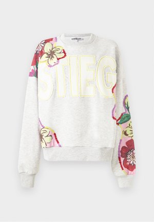 Grey sweatshirt with floral embroidery on sleeves. Features bold letters "STIEG" in yellow. Soft fabric, ribbed cuffs and hem.