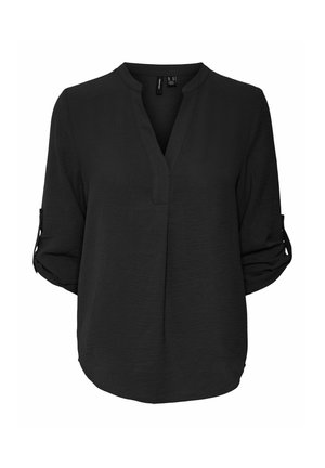 Blusa negra hecha de tela ligera, con escote en V, mangas enrolladas con detalles de botones y dobladillo en curva. Textura suave, acabado liso.