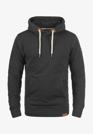 Hanorac gri închis cu o buzunar frontal, șnururi ajustabile și accente din piele bej pe glugă și marginea inferioară. Textură moale a țesăturii.