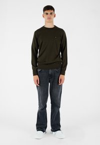 Pullover di un verde oliva scuro con maniche lunghe e polsini a costine, abbinato a jeans neri sbiaditi e sneaker bianche. Piccolo logo sul pullover.