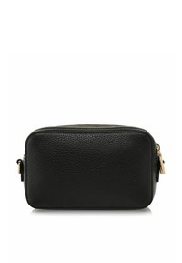 Czarna skórzana torba o teksturowanym wykończeniu, prostokątny kształt, złote okucia zamka błyskawicznego oraz boczny uchwyt do paska.