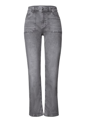 Jeans en denim gris à taille haute, coupe droite, deux poches avant et décoloration subtile. Dotés d'une fermeture classique à bouton et à zip.