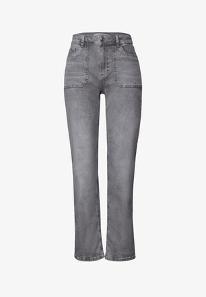 Jeans en denim gris à taille haute, coupe droite, deux poches avant et décoloration subtile. Dotés d'une fermeture classique à bouton et à zip.