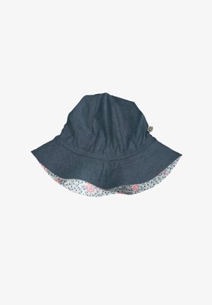 Modrý džínový klobouk typu bucket s širokým okrajem, s květinovým vzorem na vnitřní straně v pastelových barvách. Měkká tkanina, ležérní design a lehká textilie.